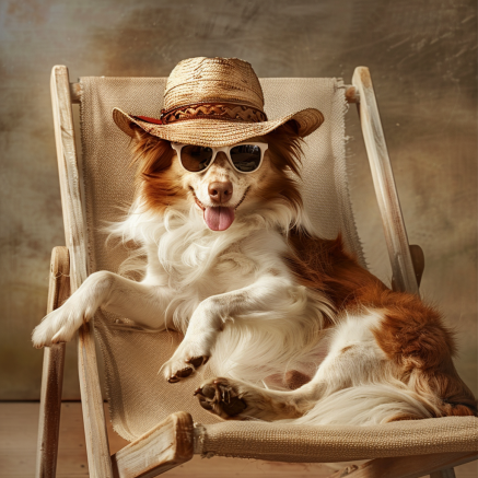 chien_relaxe_drole_avec chapeau et lunettes sur un transat